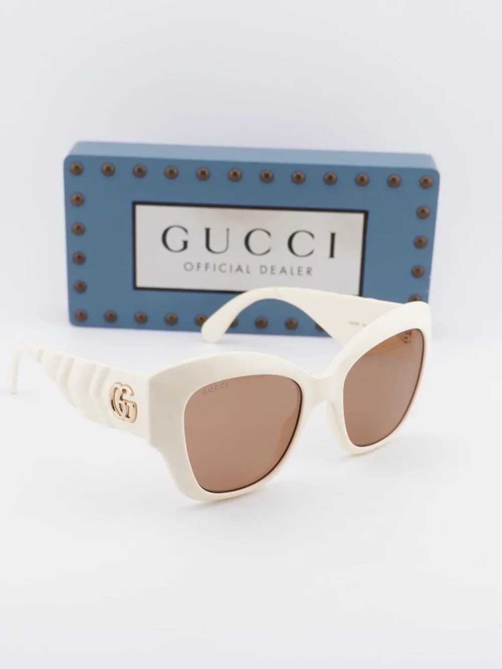 Gucci GG0808S 002 Cat Eye Sunglasses - Ivory/ Brown